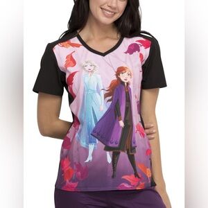 Tooniforms Disney Frozen 2 V-Neck Medical Scrub Top Elsa and Anna Sz Small